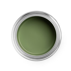 Open paint can on white background, top view