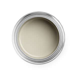 Open paint can on white background, top view
